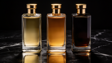 Tre flaconi di profumo con liquidi dal dorato chiaro all'ambra scura su marmo nero