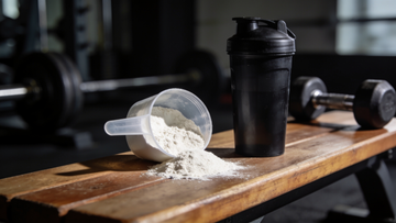 Misurino di polvere bianca su panca da palestra con shaker e manubri