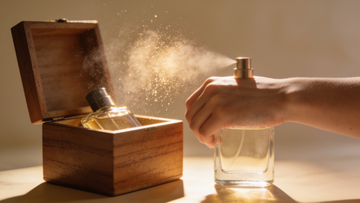 Profumo nebulizzato sul polso con luce dorata e scatola in legno