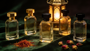 Flaconi di profumo dorati e neri su velluto verde con lanterna in ottone