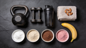 Kettlebell, manubri, shaker e ciotole di polveri su ardesia viste dall'alto