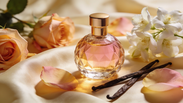 Flacone di profumo dorato su seta con petali di rosa, gelsomino e vaniglia