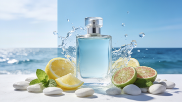 Profumi freschi – flacone azzurro, agrumi e acqua di mare