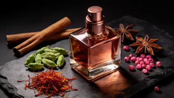 Profumi speziati – flacone ramato con zafferano, cardamomo e cannella