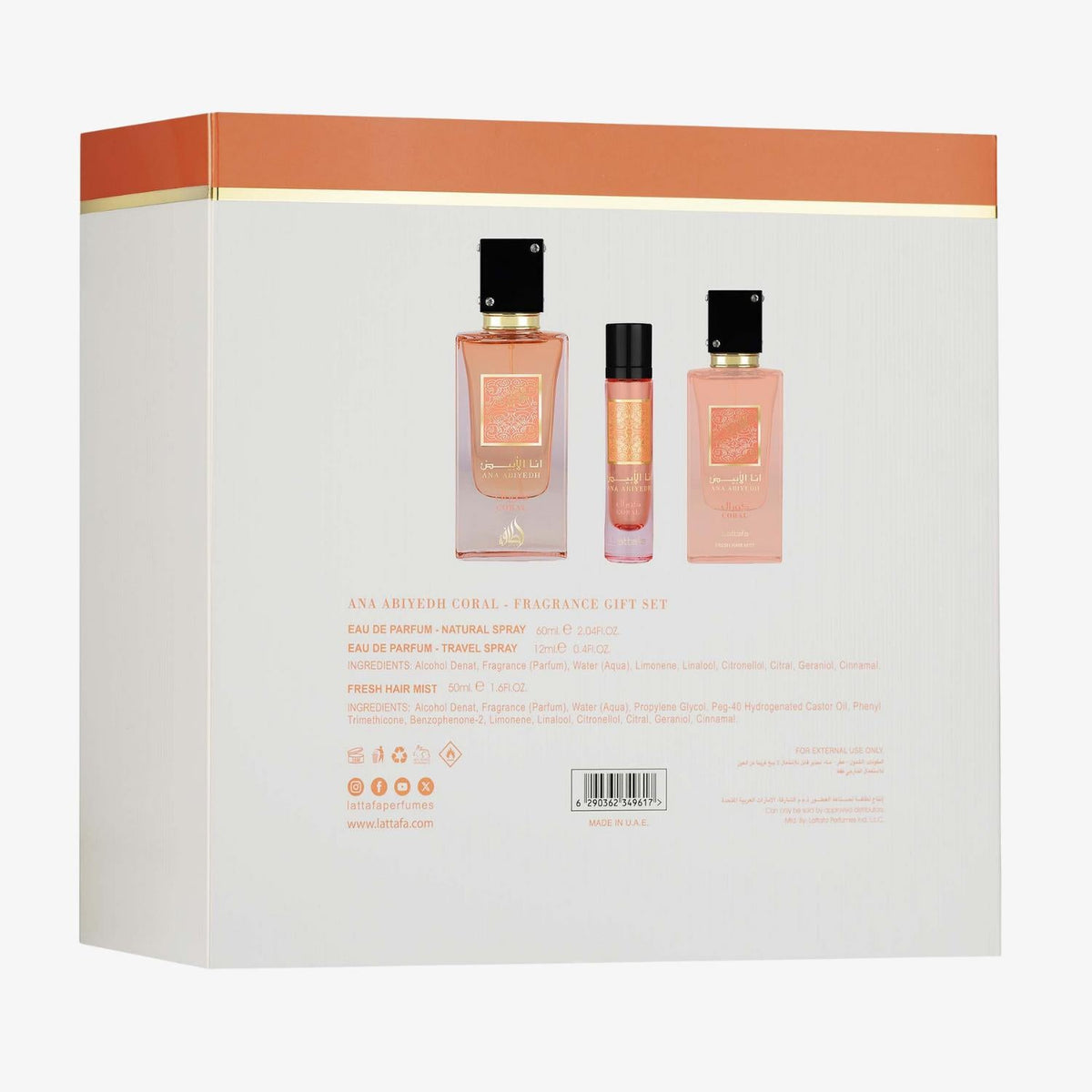 Lattafa Ana Abiyedh Coral cofanetto EDP 60 ml + 12 ml + hair mist 50 ml – profumo arabo unisex