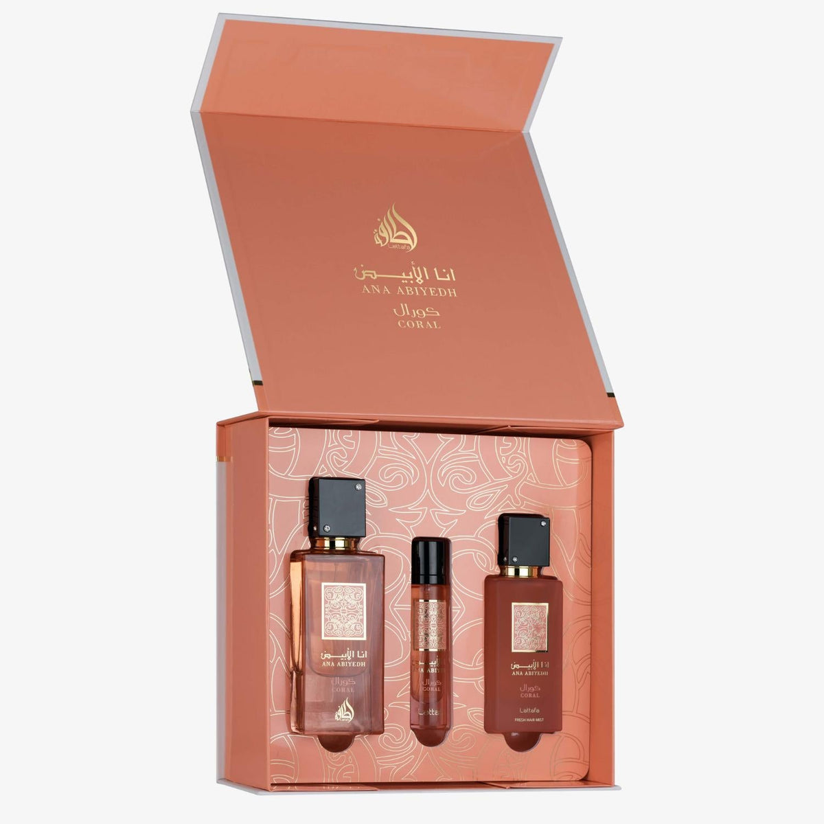Lattafa Ana Abiyedh Coral cofanetto EDP 60 ml + 12 ml + hair mist 50 ml – profumo arabo unisex