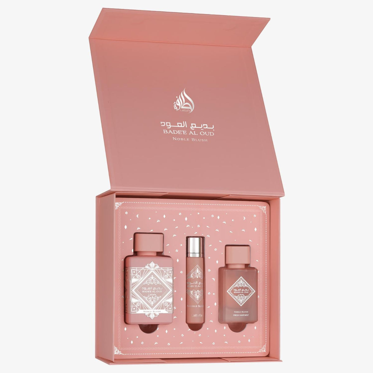 Lattafa Bade'e Al Oud Noble Blush cofanetto EDP 100 ml + 20 ml + hair mist 50 ml – profumo arabo donna