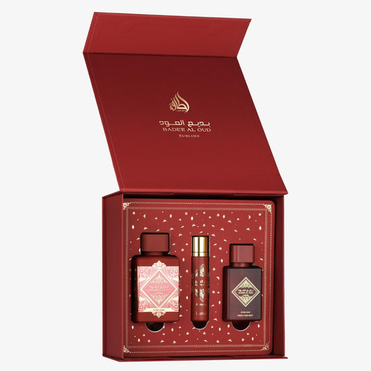 Lattafa Bade'e Al Oud Sublime cofanetto EDP 100 ml + 12 ml + hair mist 50 ml – profumo arabo unisex