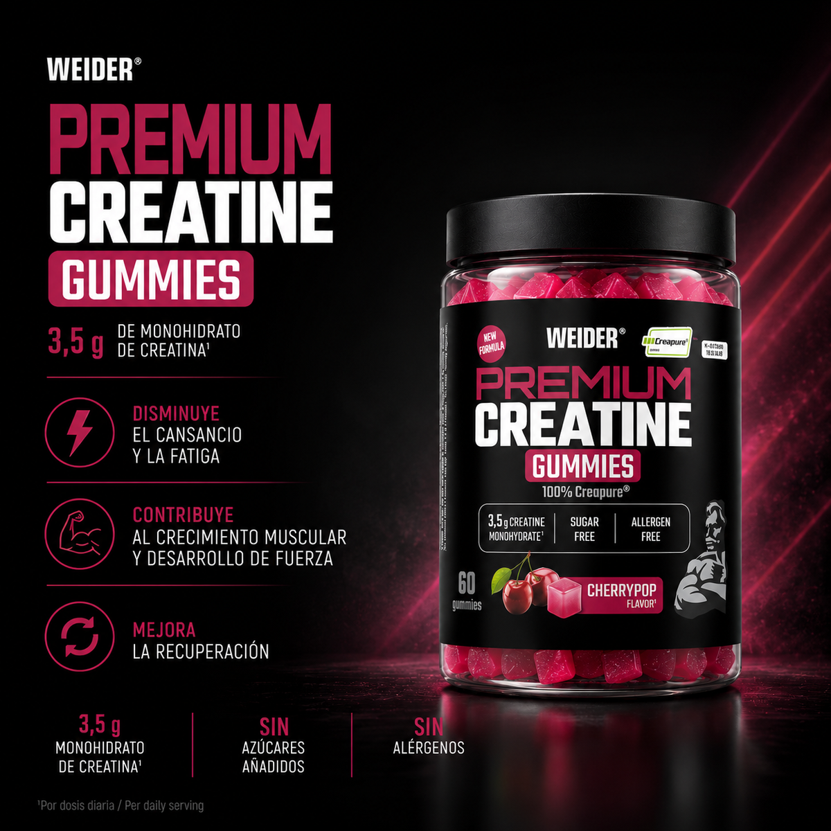 Weider Premium Creatine Gummies Cherry Pop 60 gummies – creatina monoidrato in caramelle gommose
